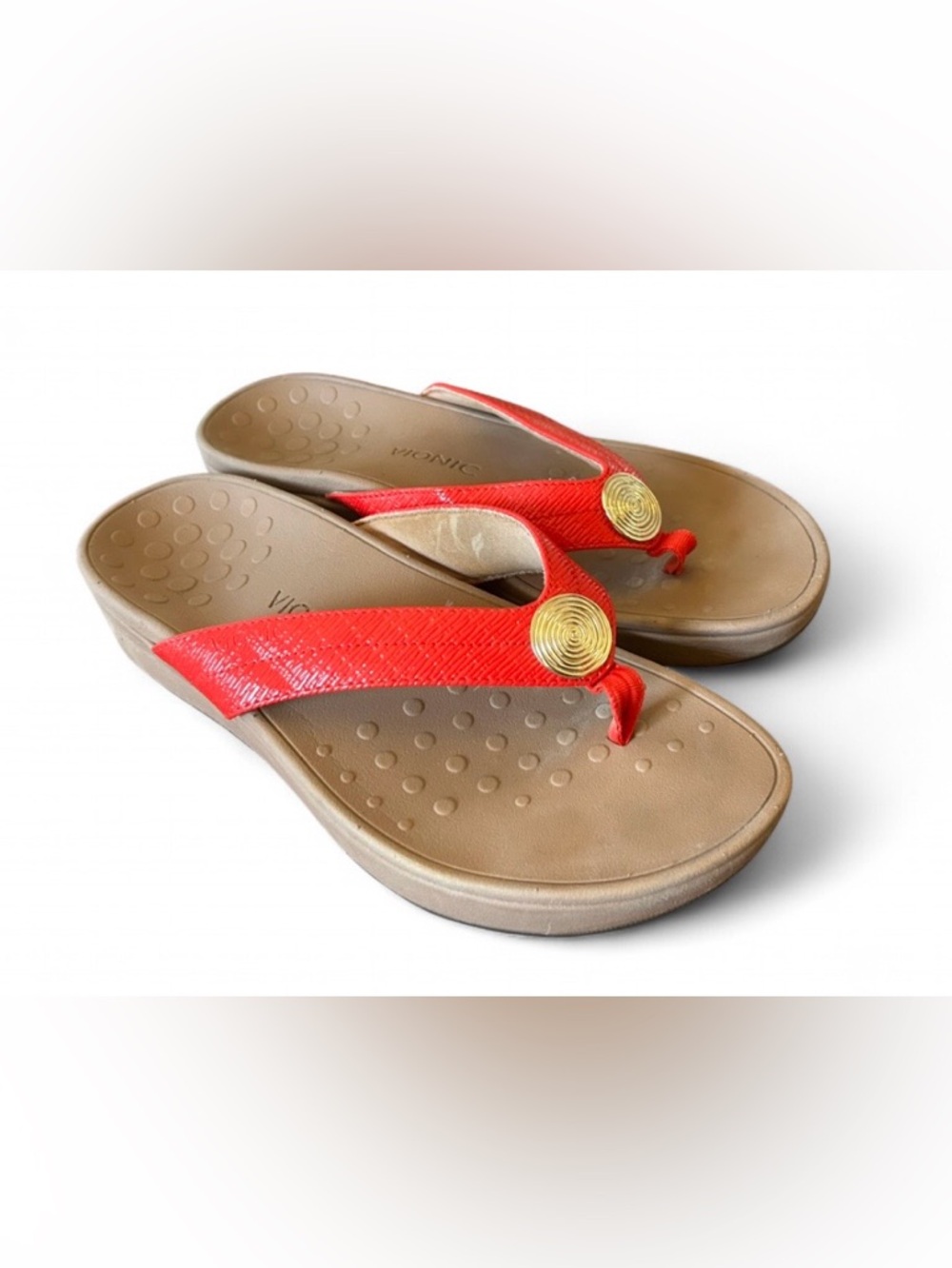 Vionic Women's Flip Flops Sandals Hilda Woven Cherry Red Gold Accent Size 9